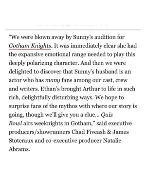 Sunny Mabrey Instagram - So THIS is cool… 🎉. It’s one thing to have the privilege of working on a rad new @thecw show— another thing entirely to get to do it with your special sexy man lover (sry), @ethanembry. Grateful for and to the lovely people at @cwgothamknights including our gorgeous mad genius Tv daughter, @anna_lore and the badass creators/producers/writers/directors,  @natalieabrams @huntvision @chad.fiveash @dannyjohncannon #JamesStoteraux @gberlanti. Also, my reps be killin’ it always. @havenla @peoplestoreagency @jacqwheeler @amyslomo ♥️. Appreciate my fam at @mornellstudios . I’m blessed, y’all. #GothamKnights #theCW #CW #deadline #variety #hollywoodreporter