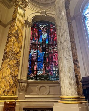 Suzannah Lipscomb Instagram - These stained-glass windows by the Pre-Raphaelite Edward Burne-Jones are glorious. 

Installed in Birmingham Cathedral, St Philip’s, in the late 19th century, they show the Ascension (1885), the Nativity (1887), the Crucifixion (1887) and the Last Judgement (1897). 

Dwell on that last one. It was finished by Burne-Jones in the year of his death. It shows St Peter with chains in his hands, having unlocked the doors of heaven, a wonderful rainbow rising behind the wings of the archangel Michael, and people, rising from their tombs, and being offered a choice whether to follow the risen, scarred Jesus. 

The colours are bright and look at the detail of the crown. These exquisite windows are considered some of the finest examples of Burne-Jones’ work.

Also: the bit in the first picture just above the men’s heads that is made up of mosaic pieces: it’s normally and will again soon be hidden from view, so enjoy this exclusive glimpse.