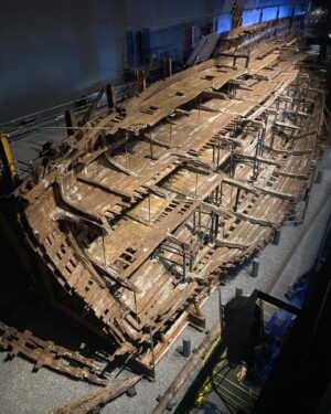 Suzannah Lipscomb Instagram - I find the @maryrosemuseum endlessly moving. Here is the ship on which Henry VIII and Charles V walked and on which, on 19 July 1545, 500 men lost their lives.

Their belongings - preserved in the silt of the seabed and recovered in an extraordinary piece of maritime archaeology in the late 1970s and early 1980s - give us an unparalleled insight into everyday Tudor life.

Of the 19,000 objects on board, here are just some of my favourites:
 - gold coins 
- this leather pouch, embossed with IHS (the first letters of the name of Jesus in Greek) and a cross, which held a sundial and wooden gavel
- this stylish leather boot
- a jerkin dyed with red madder
- these beautifully-tooled book covers with Latin inscriptions and gold clasps