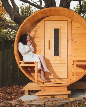Sydney Ozerov-Meyer Instagram - My sanctuary 🧖‍♀️ becoming more Russian by the day now that we have our own Banya. 
Barrel Sauna from @saunadepot.ca