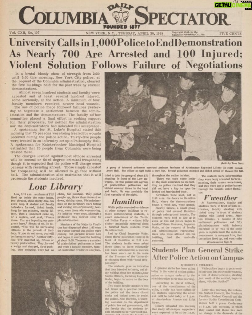 Symone Sanders Instagram - The Columbia Spectator, New York, Tuesday, April 30, 1968. 56 years later, police are again removing demonstrators from Hamilton Hall. A wise lady once told me: history is unbroken continuity.