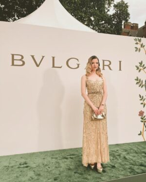 Talulah Riley Instagram - Well, thank you @bulgari for an incredible evening at Westminster Abbey. It was astonishing to see the cloisters and garden and crypt, and a view of London and the Houses of Parliament so rarely seen. 

✨Thomas and I displaying @bulgari watch and earrings in back of taxi. Thank you for the loan of such lovely things ✨

And thank you @guerlain for sending the gorgeous @georgiosc and gifts xx 

Dress: @jennypackham 
Shoes: @louboutinworld 
Hair-husband: @earlsimms2 
Make-up: @georgiosc 
Styling: @chercoulter 
💎 Jewellery (and T’s watch): @bulgari 💎