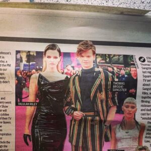 Talulah Riley Instagram - Well, I loved the @pistol London premiere. So wonderful to be reunited with the cast/crew and to celebrate with our families and friends. 

Thank you @sportmax for this wonderful PVC creation. And @jimmychoo for the heels. And the very cool earrings from @klotodesign 🖤 

Mr. Brodie-Sangster and I crumpled in the Evening Standard… a good night was had by all! 

make-up: @babskymakeup 
hair: @earlsimms2 
stylist: @chercoulter 

PISTOL is out on @hulu and @disneyplusuk May 31st 🖤🖤🖤