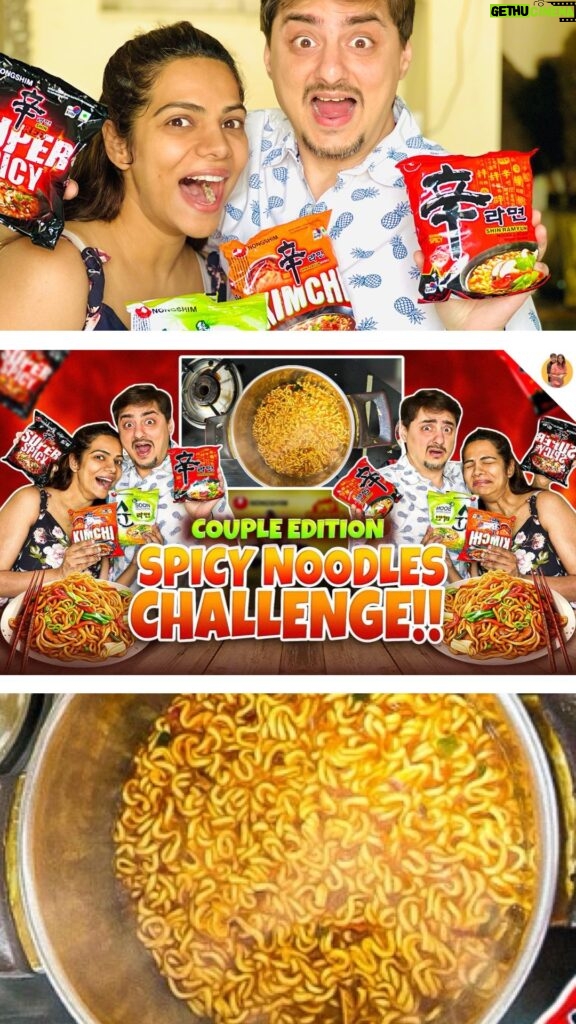 Tanvi Thakkar Instagram - We did the Spicy Noodles Challenge and trust us it was super 🔥🔥🔥 Watch the whole video on our Youtube Channel - TanviAndAdi Link In Bio #couplechallenge #koreannoodles #funnyvideos #tanviandadi #youtube