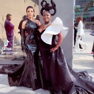 Tarriona Ball Instagram - Tank and @dojacat grammys2023….! Styled By: @toshastyledit makeup @thamakeupartist hair/. @missbeeznaturalessentials 
Dress: Custom @nerecinacouture 
Jewelry: @annazuckerman (y’all should have saw my sketch for the dress it was horrible lol but they saw the vision!!! Thank you ladies so much! #grammys #dojacat #tankandthebangas #california #fashion fashionbombdaily #blackexcellence #blackhair #blackdress #blackhistorymonth #blackgowns #customgowns #plussize #plussizegowm #grammy #redcarpet