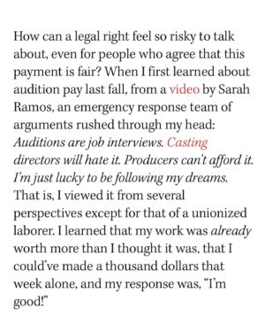 Tavi Gevinson Instagram - Audition pay is in the @sagaftra contract but most performers don’t know about it! So I wrote this for @hollywoodreporter using what I’ve learned as a founding volunteer of @auditionsarework. I tried to distill our amazing group’s work over many months and to understand why it’s somehow radical for actors to talk about their owed wages. Link in bio to read in full ☀️
Thank you @vanessalchester @teeocho @iamtelesmar @carynwestsfa for refining these points with me 💛 join us Thursdays on zoom for @auditionsarework office hours 😃