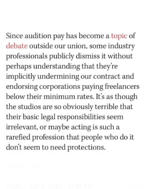 Tavi Gevinson Instagram - Audition pay is in the @sagaftra contract but most performers don’t know about it! So I wrote this for @hollywoodreporter using what I’ve learned as a founding volunteer of @auditionsarework. I tried to distill our amazing group’s work over many months and to understand why it’s somehow radical for actors to talk about their owed wages. Link in bio to read in full ☀️
Thank you @vanessalchester @teeocho @iamtelesmar @carynwestsfa for refining these points with me 💛 join us Thursdays on zoom for @auditionsarework office hours 😃