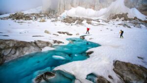 Taylor Rees Instagram - A moment from our 2017 shoot in the Ruth Gorge, AK. The @sanctityofspace project continued to inspire us to document figures on a landscape, as Brad Washburn would. While tempting, I was too afraid to swim on this trip. Wasn’t sure what moulins would suddenly open and swallow us instantly ; ) 

If you are in SLC, I’m really missing @renan_ozturk and can you please go give him a squeeze for me?

He will be doing live q a’s today at
Jordan Commons Megaplex 5pm
Broadway 7pm and 9pm intro 

@expedition.studios @freddiewilkinson @visit_films @adorama @alexhonnold @rudy.le @kateholland77