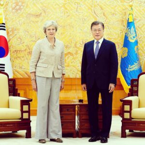 Theresa May Instagram - It was a pleasure to meet President Moon Jae-in again in Korea to discuss the shared aspirations of our two countries, including on trade, climate change and regional stability.

While in Korea I spoke at the World Knowledge Forum and visited Seoul’s impressive Covid-19 command centre. We can learn from their pioneering approach to track and trace, which has kept the virus in check throughout the pandemic. 

It was also an honour to pay tribute to the 80,000 British soldiers who fought for the freedom of the Korean people, including the 1,108 who lost their lives. In this 70th anniversary year, we must ensure that this bloody conflict does not truly become a forgotten war.