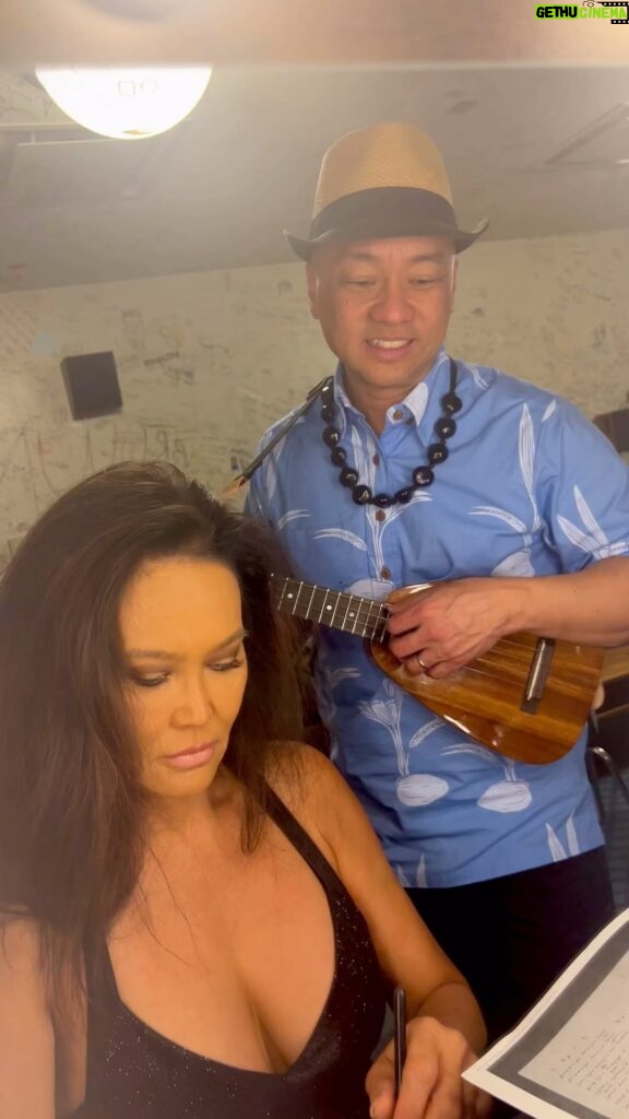 Tia Carrere Instagram - Getting ready to go onstage @oldtownschool with @daniel_ho_creations practicing a song we wrote for @georgekahumoku birthday!