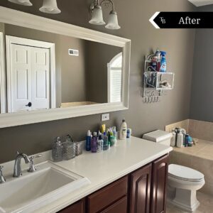 Tiffany Brooks Instagram - Took this serene green bathroom and brought it back to builder-grade 💪

(Swipe for the before) 

.
.
.

Hopefully y’all see this post on April 1st so you don’t think I’ve lost my damn mind 😩🤞

#aprilfools #beforeafter #prank #interiordesign #buildergrade #buildergradeupgrade #aprilfoolsjoke #bathroomupgrade
