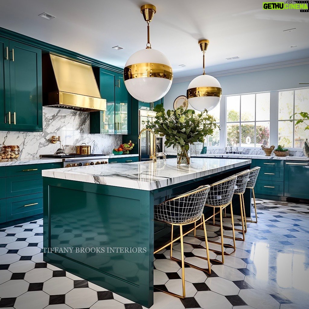 Tiffany Brooks Instagram - I’m doing a quick kitchen refresh…. Painting my cabinets, I rendered these two kitchens for inspiration.. WHICH COLOR?? A: Icy Blue B: Jewel Toned Green