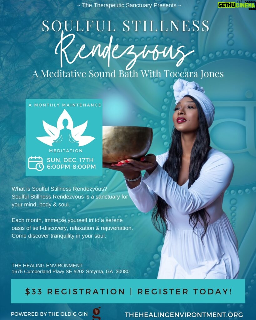 Toccara Jones Instagram - @the_therapeutic_sanctuary Presents… “Soulful Stillness Rendezvous” A Meditative Sound Bath Event With Supermodel, Actress & Sound Healer, Toccara Jones. This Sunday on November 17th from 6-8pm, Join us & discover the serenity that lies within you at @thehealingenvironment | 1675 Cumberland Pkwy SE #202 Smyrna, GA 30080. Limited spots are available. Reserve Your Spot Today for $33.00 per registration ticket. Tag your spiritual crew and meet me there! 🥰💞💫 🎟️ Purchase Tickets: thehealingenvironment.org (Click link in bio) 🧘🏾‍♀️What is Soulful Stillness Rendezvous? A sanctuary for your mind, body and soul curated by Toccara Jones. Each month, we invite you to immerse yourself in a serene oasis of self-discovery, relaxation and rejuvenation. Nurture your soul, find inner stillness and embrace the journey to a more balanced and harmonious life. Powered By: @theoldgspirit #healing #soundbath #soundhealer #meditation #spirituality #spiritualevent #Light #love #peace #wellness