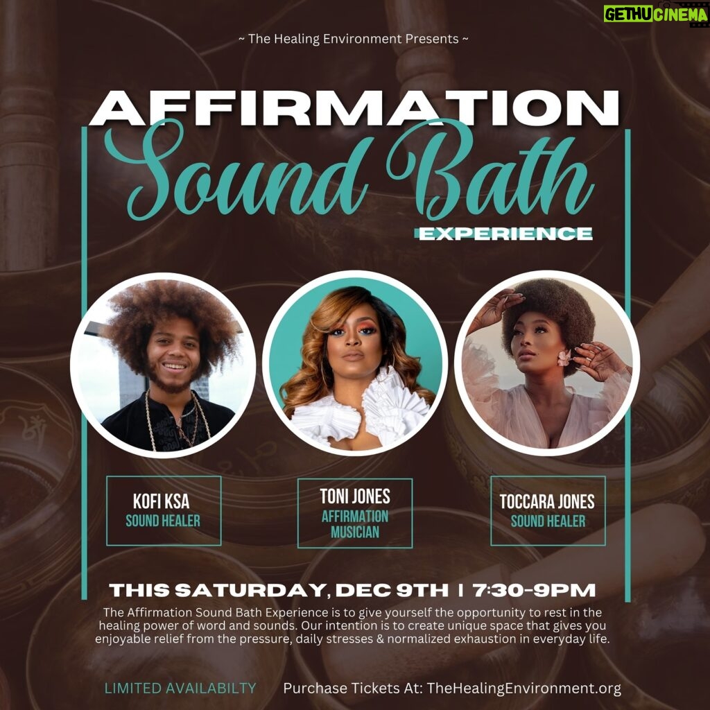 Toccara Jones Instagram - 🚨EVENT ALERT: @thehealingenvironment Presents… Affirmation Sound Bath Experience! This Saturday, 12/9 from 7:30-9pm. Join me, @iamtonijones & @magic.atl for an affirmations sound bath experience! This will be a very enchanting, sound healing experience! The Affirmation Sound Bath Experience is to give yourself the opportunity to rest in the healing power of word and sounds. Our intention is to create unique space that gives you enjoyable relief from the pressure, daily stresses & normalized exhaustion in everyday life. Click the link in my bio or visit: TheHealingEnvironment.org (click events) to purchase your tickets today 🩵