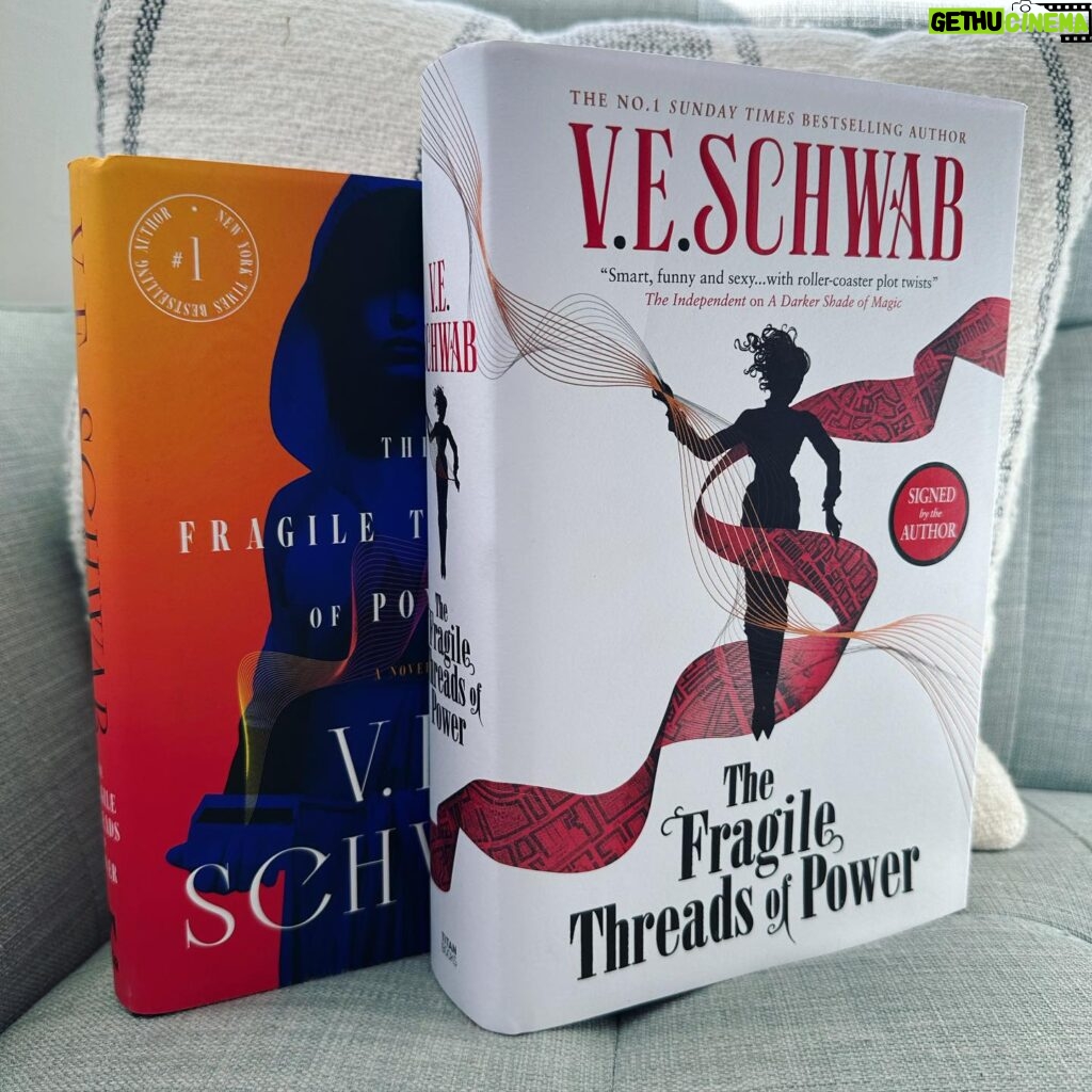 V. E. Schwab Instagram - Same wordcount! Different vibe. Behold, the US and UK hardcovers of The Fragile Threads of Power, in all their glory. The US has taken the STEALTH approach, meant to lure readers into a false sense of security by appearing slimmer than it is. The UK has taken the CHONK approach, reminding readers that while this book won’t fit easily into a purse or satchel, it CAN be used as a weapon. Lila Bard approves of both. #shadesofmagic #threadsofpower #veschwab