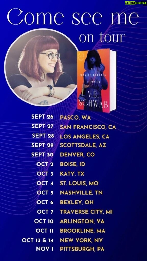 V. E. Schwab Instagram - Nope, definitely not overwhelmed by the fact that the US/UK tour schedule takes TWO PAGES. Pray for me and/or send energy bars and strong black tea. But in all seriousness, I cannot wait to see so many of you over the next month and a half, and talk about magic, and kings, saints, and rebellions, and defiant girls. And because I’m me, I’ll definitely tell you secrets about my next book. Reminder that the events will be spoiler free for TOP (I will also try to be as spoiler free as I can in general), there will be a 45-min q a with YOU, you’ll receive a signed and stamped hardcover, there will be signed backlist available to purchase, and cards for you to write me notes. #veschwab #shadesofmagic #threadsofpower