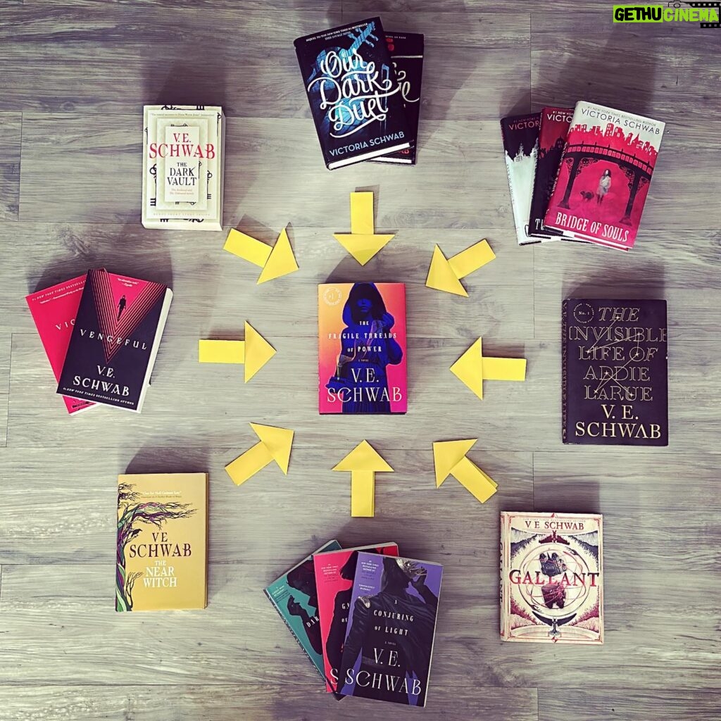 V. E. Schwab Instagram - A lot of people have been asking what order you can read Threads of Power in so I made a handy graphic! But seriously, while I obviously think the happiest and most natural road in is Shades of Magic, since there are crossover characters, I also worked pretty hard to make this a friendly introduction. My dream is that one day readers will be able to choose whether to read Shades as a prequel series to Threads, or Threads as a sequel series to Shades. If you ARE craving a “previously on” or a cliff notes version of Shades, I did a 10-ep readalong available on YT and via podcast, in which I give you a rundown of what happens! Also, I know a great many readers who’ve found me in the last few years don’t actually consider fantasy their genre. To that I’ll say, my goal is to be a welcome threshold into this space. You’ll find all the angst and existential quandaries of Addie in the rest of my catalog, it’s just, sometimes they’re examined with magic or monsters instead of old gods. Side note: I truly cannot believe I have written enough books now to make this summoning circle 🤯
