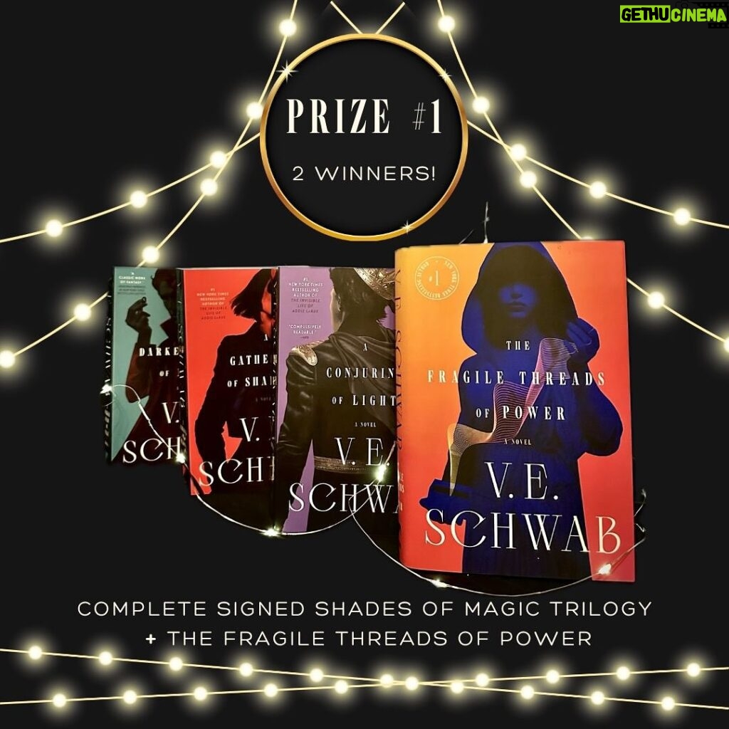 V. E. Schwab Instagram - GIVEAWAY CLOSED! ALL WINNERS HAVE BEEN MESSAGED :) Heads up, Buttercups! It’s time for a big holiday giveaway! I couldn’t decide on just one prize, so I chose them all. Enter to win 1 of 4 different prizes. There will be 9 winners total! Prize #1- (2 winners) A complete signed Shades of Magic Trilogy The Fragile Threads of Power (US edition) Prize #2- (1 winner) A signed Owlcrate edition of The Fragile Threads of Power (why is it so pretty?) Prize #3- (1 winner) A signed Forbidden Planet edition of The Fragile Threads of power (so many special details!) Prize #4- (5 winners) A perfect duo of a lenticular bookmark signed bookplate with my new sigil! All you have to do to enter is: ⭐️ Like this post ⭐️ Follow this account (@veschwab) ⭐️ Tag a bookish friend in the comments and tell me which prize is your first pick (no promises) ⭐️ Share this post in your stories for an extra entry! Giveaway ends Dec 24th at 11:59 EST. Open internationally!