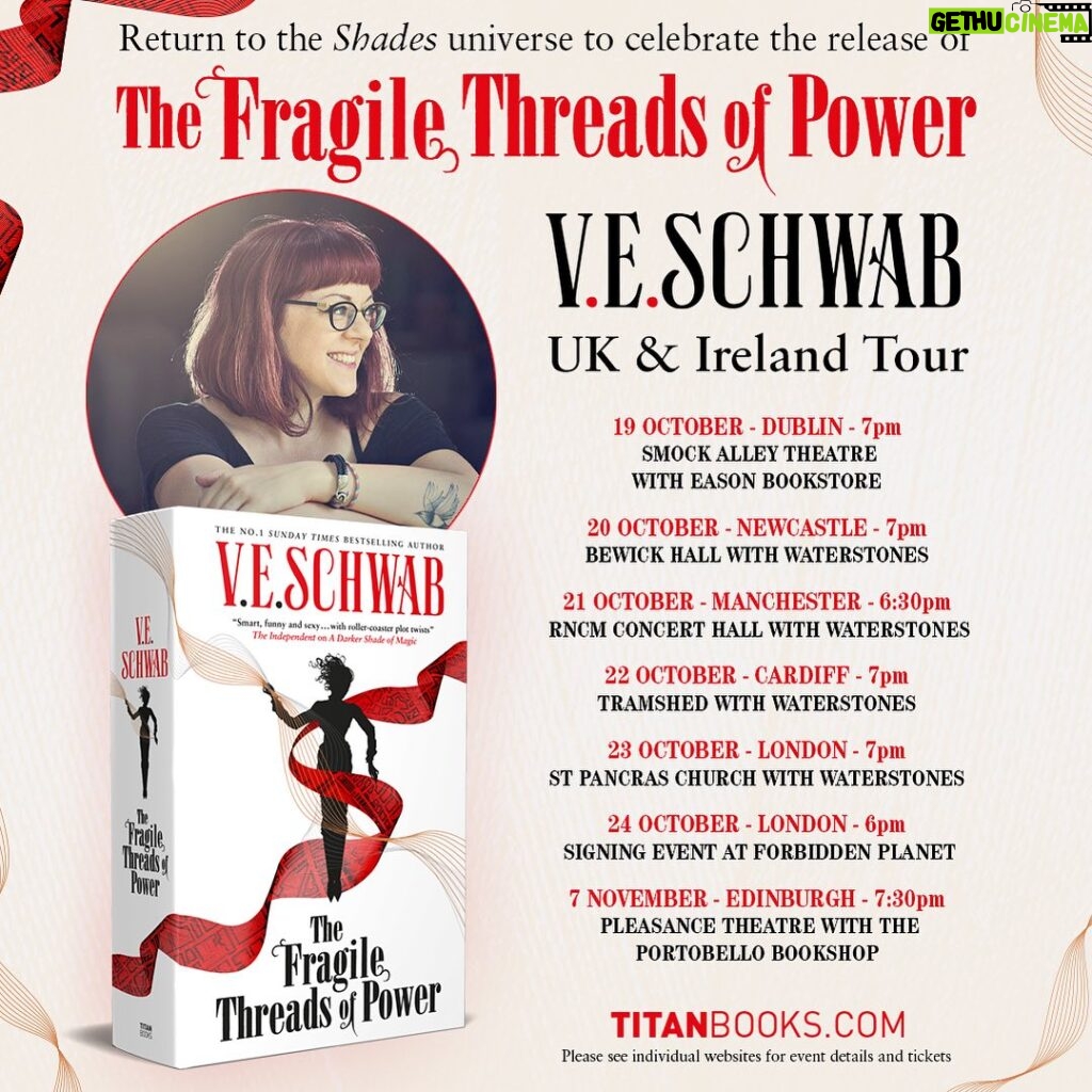 V. E. Schwab Instagram - Lovelies! As promised, I’m excited to announce my Threads tour stops for the UK and Ireland! Tickets on sale NOW, and seating at some of these events is pretty limited, so best to snag your ticket early if you want to come! All tickets/venues available at the link in my bio!!! #veschwab #shadesofmagic #threadsofpower
