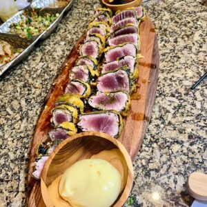 Valentine Thomas Instagram - Summer menu is back on! Blackfin tuna is a VERY interesting fish to work with. It is not as large as other species of tuna as they measure 2-3 feet on average and weight around 20-40lbs. The population are relatively stable, making it a delicious and sustainable choice. Well it’s @redtidespearfishing approved anyways 😂