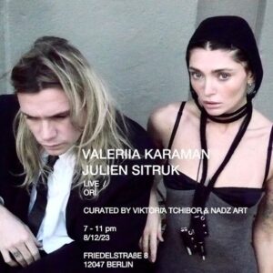 Valeriia Karaman Instagram - This is an announcement of the group performance event at @oriberlin curated by @viktachibor & @nadzart__ 
(and performed by them as well) 
Where @julien.sitruk and I will introduce you to some of our recent thoughts.
In case you don’t like our art you can still come, as there will be a big chance that at least one or two performers can satisfy your unique taste.
List of performers:
Kian Vaziri
Valeriia Karaman & Julien Sitruk
Viktoria Tchibor & NadzArt
Lifestyle 
See you there.