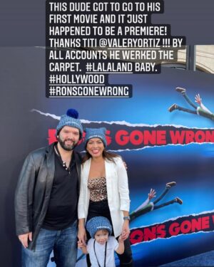 Valery M. Ortiz Instagram - I know it’s blurry but it captures my whole heart in that moment! Taking Dorian to his first movie in a theatre and ALSO having him escort me down the carpet was so freakin’ special and pretty hilarious! He was waving to the photogs and hamming it up! It was just so dang funny I kept laughing all down the carpet! He was THE best lil date ever! 😍 
Cherry on top?! We got to hear @kyliecantrall do her thing in the movie!! Agh!! So proud of you bella!
.
Swipe LEFT to:
1) Learn how to do a proper red carpet smolder from Dorian 😂😍👏🏽
2) Also see a pic of Nathan, Max and I on the BLUE carpet!
3) BTS selfie w/ Max
4) See Dorian, Ben and I rocking our ‘Ron’s Gone Wrong’ beanie swag! 
5) Watching Dorian enjoy his first movie theatre experience. My heart ya’ll!!
.
.
.
History: I’ve known Dorian’s dad @benmarcsilverman since I was in 8th grade. I was a grooms woman at his wedding. Having this experience with his son is like 😩 because you know - family. 🙏🏽
Shoutout to Mama @anasiya7 who was at home nursing Dorians 2wk old lil sis!! 😍