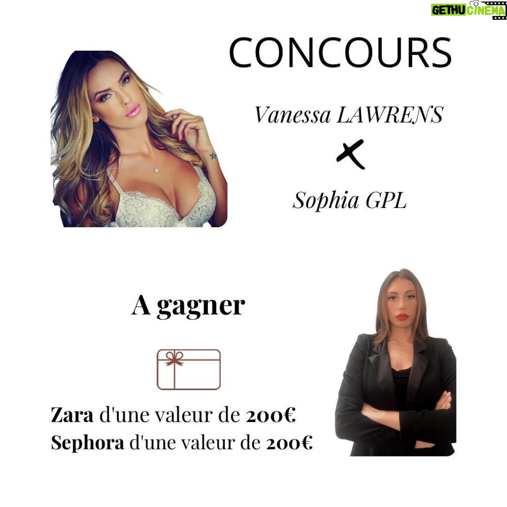 Vanessa Lawrens Instagram - 💥Jeu Concours 💥 Il y aura deux gagnants donc deux lots à gagner : -Une carte cadeau Zara d’une valeur de 200€. -Une carte cadeau Sephora d’une valeur de 200€. Pour participer : - Abonnés-toi à @vanessalawrens et @sophia_gpl -Like le poste -Tags 3 personnes de ton choix en commentaire sous ce post -Partage ce post dans ta story en taguant @vanessalawrens et @sophia_gpl À vous de jouer ! Bonne chance à tous. Tirage au sort le 30 avril.