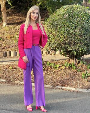Veronika Mindal Instagram - Pink and purple is definitely a colors that people are not afraid to love out loud. Apart from its aesthetic value, it elicits different emotions and meanings in our lives. It can make us feel luxurious, imaginative, and spiritual.
.
.
.
Jacket & top #rachelzoe 
pants #noisymay 
Bag #chanel 
belt & shoes #ralphlauren 
.
.
.
.
.
#actress #model #maturemodel #singer #songwriter #Hollywood #LosAngeles #NewYork #Paris #Milan #Ukraine #talent #artist #Instagram #Instastyle #tattooedgirl #Insta #vogue #style #outfit #fashioninspiration #fashion #design #fashiondesign #ashionblogger #veronikamindal