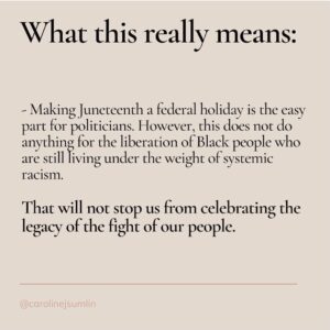 Victoria Park Instagram - happy #juneteenth weekend, friends! celebrate Black freedom, Black joy, Black excellence, Black people *AND* continue to do the work to dismantle white supremacy while fighting for true freedom and equality. 

thank you @carolinejsumlin for a great set of slides 💛

some great orgs to donate to / volunteer with:
@feedblackfutures 
@supr.mrkt 
@eji_org 
@innocenceproject 
@reformlajails