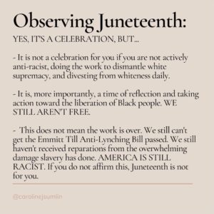 Victoria Park Instagram - happy #juneteenth weekend, friends! celebrate Black freedom, Black joy, Black excellence, Black people *AND* continue to do the work to dismantle white supremacy while fighting for true freedom and equality. 

thank you @carolinejsumlin for a great set of slides 💛

some great orgs to donate to / volunteer with:
@feedblackfutures 
@supr.mrkt 
@eji_org 
@innocenceproject 
@reformlajails