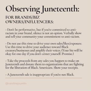 Victoria Park Instagram - happy #juneteenth weekend, friends! celebrate Black freedom, Black joy, Black excellence, Black people *AND* continue to do the work to dismantle white supremacy while fighting for true freedom and equality. 

thank you @carolinejsumlin for a great set of slides 💛

some great orgs to donate to / volunteer with:
@feedblackfutures 
@supr.mrkt 
@eji_org 
@innocenceproject 
@reformlajails