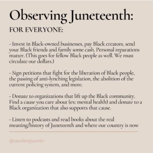 Victoria Park Instagram - happy #juneteenth weekend, friends! celebrate Black freedom, Black joy, Black excellence, Black people *AND* continue to do the work to dismantle white supremacy while fighting for true freedom and equality. 

thank you @carolinejsumlin for a great set of slides 💛

some great orgs to donate to / volunteer with:
@feedblackfutures 
@supr.mrkt 
@eji_org 
@innocenceproject 
@reformlajails