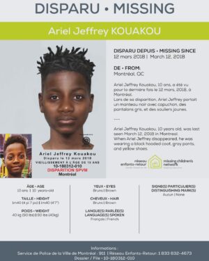Victoria Charlton Instagram - JE VOUS INVITE À PARTAGER EN GRAND NOMBRE 🙏🏻 
Le 12 mars 2018, Ariel Jeffrey Kouakou, qui avait 10 ans au moment de sa disparition, a été vu pour la dernière fois en quittant son domicile de l’arrondissement d’Ahuntsic-Cartierville pour se rendre chez un ami. Depuis, il n’a jamais été revu. Sa famille ainsi que les autorités continuent de rechercher des informations qui pourraient aider à le localiser. 

 Dans le cadre du sixième anniversaire de la disparition d’Ariel, le @reseauenfantsretour dévoile publiquement un vieillissement photo réalisé par des experts en la matière de la Sûreté du Québec. ❤️‍🩹