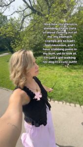 Victoria Spence Instagram - I was going to try to make my wording more PG, but then I remembered that half of the entire population goes through, will go through, or have been through the reality of a period month after month, and we don’t have a choice to just switch off the pains, the aches or the discomfort to make it more polite for ourselves. So of you're a man feeling queesy reading this, be glad I didn't get into period poos😌 #girlhood #periodpositive #ootd
