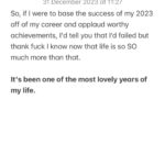 Victoria Spence Instagram - If you're looking back on your year feeling like it's been a waste because you're judging it by society's standards, I hope that sharing the reality of mine can give you some perspective.🫶🏻 Thank you so much for listening to my rambles, skanking with me and being here while we figure out how to do life- you's mean more to me than you'll know! Sending you all my love and wishing you a lovely new year ❤️❤️#lessonsivelearned #2023reflections