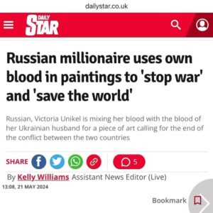 Victoria Unikel Instagram - Thank you @dailystar for spreading the message! We need to stop the wars raging across the planet. We are living in comfort while at the same time there are places where people are dying every day and every second. 

I created my WAR art series to wake people up. My paintings are about the Russia-Ukraine, Syrian, and Israel-Palestine wars. All our blood runs the same color - RED. It’s time to act for peace or we will destroy ourselves and our planet.

#war #contemporaryart #popupart #stopwar #miamiart