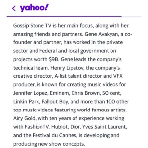 Victoria Unikel Instagram - The media response and coverage of our upcoming release of the Gossip Stone TV channel has been nothing short of miraculous. It is so great to be mentioned by @yahoo @yahoofinance @yahoonews @yahooentertainment @yahoolifefr & more! Thank you so much and we look forward to creating more things for you to write about!

Producer/star of “The most Expensive” show @debbie_wingham 
Producer/star of “Seduce like a spy” @aliiaroza 
Producer of “Hypno challenge” @marinaclark_s 
🙌And special thanks to our team: 
CEO, producer @victoriaunikel 
CTO,producer @geneavakyan 
Creative director @henrylipatov 
Producer @airy_gold 
PR by @vugaenterprises