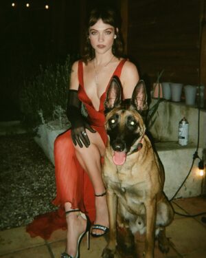 Violett Beane Instagram - A night of caviar and murder to celebrate @deathdetailshulu 2-part finale out tomorrow 🔪🩸 Find out who’s behind all of it. 

Fav model partner. Moose boy @itsamandalim 

Styling. @itsamandalim 
Hair   Makeup. Meeee
Dress. @marialuciahohan24 
Heels. @brunomagliofficial 
Jewels. @davidyurman 
Gloves. @laelosnessofficial 
Bag. @simkhai