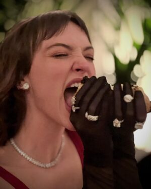 Violett Beane Instagram - A night of caviar and murder to celebrate @deathdetailshulu 2-part finale out tomorrow 🔪🩸 Find out who’s behind all of it. 

Fav model partner. Moose boy @itsamandalim 

Styling. @itsamandalim 
Hair   Makeup. Meeee
Dress. @marialuciahohan24 
Heels. @brunomagliofficial 
Jewels. @davidyurman 
Gloves. @laelosnessofficial 
Bag. @simkhai