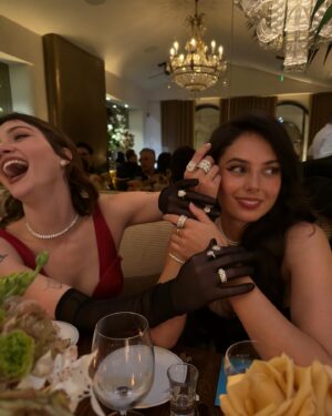 Violett Beane Instagram - A night of caviar and murder to celebrate @deathdetailshulu 2-part finale out tomorrow 🔪🩸 Find out who’s behind all of it. 

Fav model partner. Moose boy @itsamandalim 

Styling. @itsamandalim 
Hair   Makeup. Meeee
Dress. @marialuciahohan24 
Heels. @brunomagliofficial 
Jewels. @davidyurman 
Gloves. @laelosnessofficial 
Bag. @simkhai