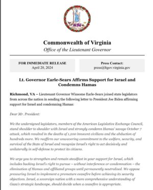 Winsome Earle-Sears Instagram - I joined state legislators from across the nation in sending the following letter to President Joe Biden affirming support for Israel and condemning Hamas. Read the full letter at the link in the story.