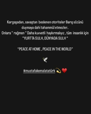 Yasemin Hadivent Instagram - Bu gece sergilenen onurlu duruş beni çok duygulandırdı. Bize dair umutlandırdı. 
Karakteri bağımsızlık olan, kudreti damarlarındaki asil kanda mevcut olan bir liderin evlatlarına da böyle bir duruş yakışırdı. 
Biz birlikte güzeliz, birlikte yenilmez. 

Teşekkürler Galatasaray, teşekkürler Fenerbahçe. 

🕊️

#yurttasulhcihandasulh #mustafakemalatatürk #peaceathomepeaceintheworld