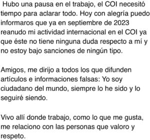 Yelena Isinbayeva Instagram - ❗️Amigos, en pocas ocasiones reacciono a alguna noticia o artículo relacionados con mi nombre…
 
Pero esta vez he decidido poner los puntos sobre las íes para todos los que están interesados en este tema y para los que les interesa la verdad.
 
Así que, para empezar, me presento de nuevo.
Yo, Yelena Isinbaeva, leyenda del atletismo mundial / salto con pértiga.
 
Desde los 5 hasta los 15 años me dediqué a la gimnasia deportiva, tengo la categoría de Maestro del deporte.
Desde los 15 hasta los 34 años me dediqué al salto con pértiga.
A los 20 años conseguí mi primer récord del mundo de salto con pértiga de 4.83.
A los 21 años (2004) gané mi primer de oro olímpico con un nuevo récord mundial de 4.91.
 
A los 22 años entré en la historia del atletismo mundial y del deporte en general, como la primera mujer que realizó un salto de 5 metros. (P.S. para todos los interesados, Youtube les puede ayudar, comprueben los hechos). 
 
A los 26 gané mi segundo oro olímpico con un nuevo récord mundial de 5.05.
 
A los 30 (año 2012) con un desgarro muscular gané la medalla de bronce en la Olimpiada de Londres. 
Durante mi carrera conseguí 30 récords mundiales, gané 7 Campeonatos del Mundo, 2 Campeonatos de Europa, Copa del Mundo.
Fui declarada la mejor deportista del planeta.
El vigente récord del mundo en salto con pértiga femenino de 5.06 m. sigue perteneciéndome, desde hace ya 11 años.
 
Se me han concedido los más grandes premios por los enormes logros deportivos, también a nivel internacional (dos veces se me ha considerado la mejor deportista del planeta  LAUREUS WORLD SPORT AWARD, se me ha concedido el Premio Príncipe de Asturias (en estos momentos Rey de España Felipe VI, por mis grandes méritos deportivos), considerándome la mejor deportista de Europa muchos años consecutivos.

Continuación del texto en el carrusel…