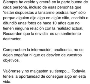 Yelena Isinbayeva Instagram - ❗️Amigos, en pocas ocasiones reacciono a alguna noticia o artículo relacionados con mi nombre…
 
Pero esta vez he decidido poner los puntos sobre las íes para todos los que están interesados en este tema y para los que les interesa la verdad.
 
Así que, para empezar, me presento de nuevo.
Yo, Yelena Isinbaeva, leyenda del atletismo mundial / salto con pértiga.
 
Desde los 5 hasta los 15 años me dediqué a la gimnasia deportiva, tengo la categoría de Maestro del deporte.
Desde los 15 hasta los 34 años me dediqué al salto con pértiga.
A los 20 años conseguí mi primer récord del mundo de salto con pértiga de 4.83.
A los 21 años (2004) gané mi primer de oro olímpico con un nuevo récord mundial de 4.91.
 
A los 22 años entré en la historia del atletismo mundial y del deporte en general, como la primera mujer que realizó un salto de 5 metros. (P.S. para todos los interesados, Youtube les puede ayudar, comprueben los hechos). 
 
A los 26 gané mi segundo oro olímpico con un nuevo récord mundial de 5.05.
 
A los 30 (año 2012) con un desgarro muscular gané la medalla de bronce en la Olimpiada de Londres. 
Durante mi carrera conseguí 30 récords mundiales, gané 7 Campeonatos del Mundo, 2 Campeonatos de Europa, Copa del Mundo.
Fui declarada la mejor deportista del planeta.
El vigente récord del mundo en salto con pértiga femenino de 5.06 m. sigue perteneciéndome, desde hace ya 11 años.
 
Se me han concedido los más grandes premios por los enormes logros deportivos, también a nivel internacional (dos veces se me ha considerado la mejor deportista del planeta  LAUREUS WORLD SPORT AWARD, se me ha concedido el Premio Príncipe de Asturias (en estos momentos Rey de España Felipe VI, por mis grandes méritos deportivos), considerándome la mejor deportista de Europa muchos años consecutivos.

Continuación del texto en el carrusel…