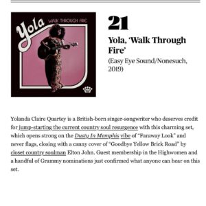 Yola Instagram - Well look at that! Big love to my dear friends @rollingstone for the recognition of work both musical and non musical! What an awesome line up to be included in. It all takes me back to the before times! 

Your girl was out in these cold a*s streets of a brand new continent like a campaigner, quipping and witting her way around the subjects in press and TV that are now being discussed with profound ease of understanding. Without the boarderline suicidal work tendencies of my publicist Doug (@bigfeatpr) and my gymnastic reframing of conversations that were leading to weird savour narratives that denied the agency of black artists in and around the genre, this here record would have reached fewer ears. Be it vocals or words, it all proved to make enough impact to create space for more! The good sis @rhiannongiddens had done been saying all the things too, when I popped up 2018/19 with this little wonder. Now @beyonce has entered the chat with Rhi on banjo, and we all get to bask in the brilliant rays of “I told you so”! 😁☀️Every one of you following any one of us, every journalist who rated us, and every outlet who featured us in the spotlight and all who continue to support us as we evolve, feel free to be smug for the next year or so 😂!! #countrysoul #top25 #rollingstone #genrefluid #free #music #cowboycarter #beyonce #country #soul #allthemusic