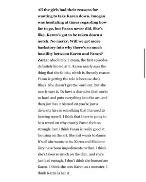 Zaria Instagram - Working with @malpal43 is a dream. (She’s funny, genuine, kind, and smart) Karen is a nightmare. Micro aggressions are bad. Gaslighting them is worse. Faran makes mistakes. I got the job bc I work hard and life’s weird not bc of my race, my looks, or my bf. 

Interview with @hollywoodlife is live now, meooowww!

Episodes 4&5 of @prettylittleliars go live in 12 hours on @hbomax !!

Ok yeah that’s how you write a caption, right?