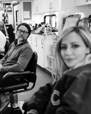 Zibby Allen Instagram - At long last, some VR #bts 🩶

#virginriverseries #virginrivernetflix #virginriverseason5 

(photo of Martin and me taken by @alexandrabreck on her cool n’ fancy 📸 )