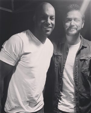 Zibby Allen Instagram - At long last, some VR #bts 🩶

#virginriverseries #virginrivernetflix #virginriverseason5 

(photo of Martin and me taken by @alexandrabreck on her cool n’ fancy 📸 )