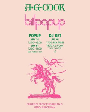 A. G. Cook Instagram - Britpop Worldwide ⚠️ STROBE WARNING ⚠️ Doing a special set tonight at @primavera_sound with visuals by @rickfarin 🗝️ Also bringing Britpopup Barcelona to town with @oval____ & @newalias 🐚 Very limited edition stuff, including designs by @jacobhulmston with imagery by @tmthy.luke @gustafholtenas & featuring the Soulbreaker statue drawing by @amor.gavez 🎶 Rick & I will also be DJing on Saturday ➖ full info at the popup 🏹 Ty to everyone who’s listened to the album so far, more merch & shows soon 💚