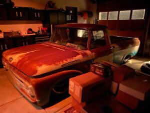 Aaron Kaufman Instagram - I am the cliché … more projects than running vehicles. Plus they have all lived at different buildings and two homes. After living in a box for a year I’m happy to have #Adamae in the garage.  Still months from having a shop so the wait continues…. Happy #tacotuesday you filthy animals 🤙🏼
#f100
#f100unibody 
#magnaflow
#raptor6spd
#1961